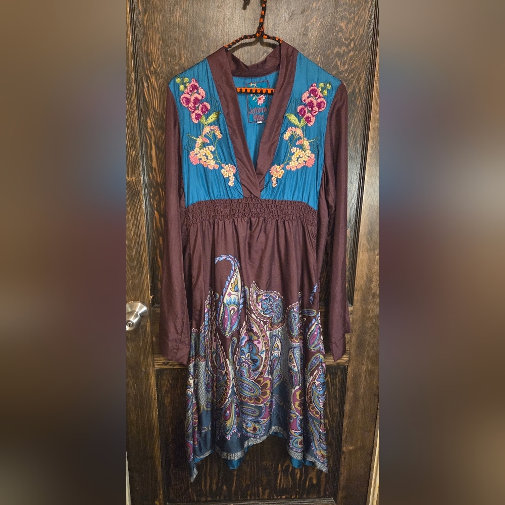 Johnny Was Multicolor Embroidered Silk Long Sleeve Dress Sz S